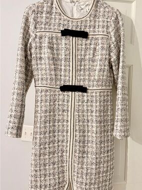 Tuckernuck Cream and Black Tweed Long-Sleeve Bow-Trim Dress